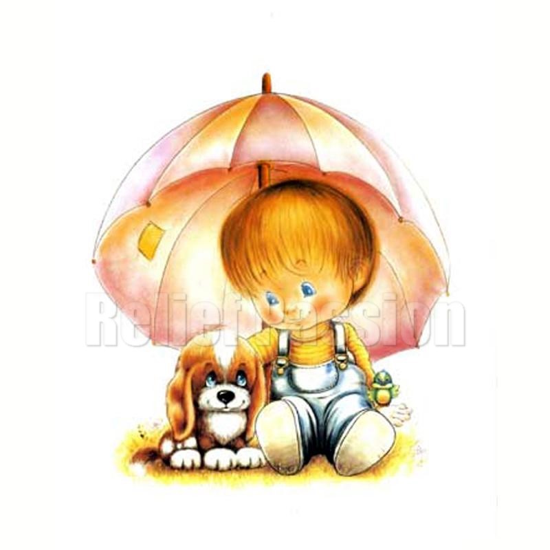 Enfant au parapluie et chiot (24x30)